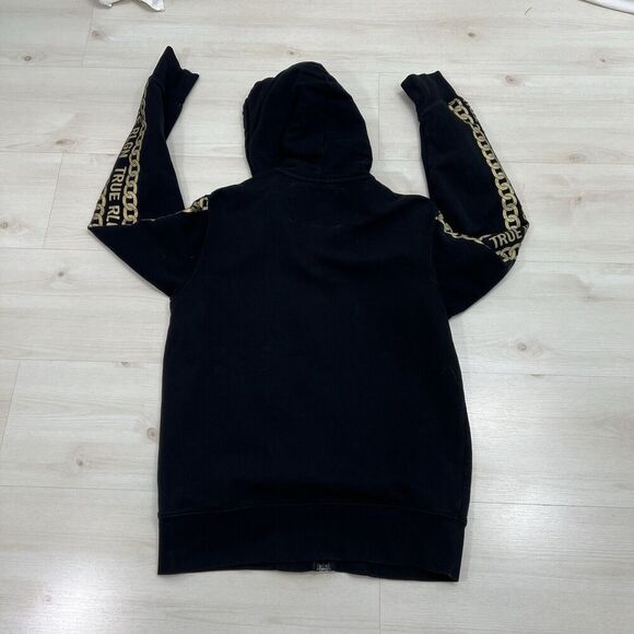 True Religion Hoodie Mens Small Black Gold Chain Spell Out Sleeves Full Zip - Picture 11 of 12